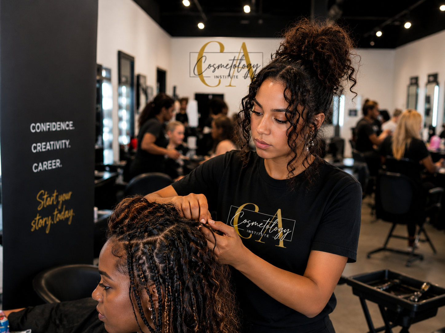 Cosmetology student applying makeup